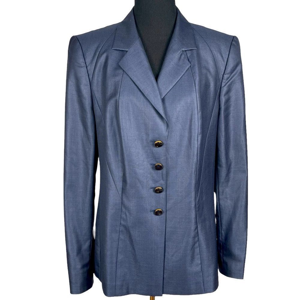 Escada Blue Wool Silk Blend Blazer Jacket  Size 42 Large Button Front